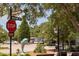 Street view in Dunedin with wayfinding signs, tropical foliage, and a Dolphin statue at 567 Baywood S Dr, Dunedin, FL 34698