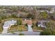 Aerial view featuring lush landscaping and neighborhood homes with screened-in pools at 8701 Braxton Dr, Hudson, FL 34667