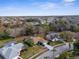 An aerial view shows neighborhood homes with mature trees and screened-in pools at 8701 Braxton Dr, Hudson, FL 34667