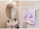 Cozy bathroom features a pedestal sink, oval mirror, and decorative towels at 12607 San Blas Loop, Largo, FL 33774