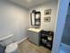 Bathroom features a toilet, vanity with sink, mirrored cabinet, decorative art, and a storage cart at 1919 E Noel St, Tampa, FL 33610