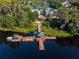 Aerial view of a private dock on a serene lake, perfect for boating and relaxation at 21537 Draycott Way, Land O Lakes, FL 34637