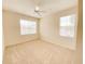 Bright, carpeted bedroom features a ceiling fan, two windows, and neutral paint at 18001 Richmond Place Dr # 222, Tampa, FL 33647