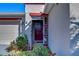 Inviting front entrance with a red door, sidelights, and decorative plants enhancing curb appeal at 2112 Purple Orchid Pl, Ruskin, FL 33570