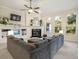 Cozy living room featuring a fireplace, built-in shelves, and large windows with natural light at 1011 Riverside Ridge Rd, Tarpon Springs, FL 34688
