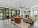 Bright and spacious living room with modern furnishings, fireplace, and large glass doors overlooking lush greenery at 2603 W Parkland Blvd, Tampa, FL 33609