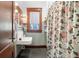 Bathroom with pedestal sink, patterned shower curtain, and natural light at 109 E Woodlawn Ave, Tampa, FL 33603