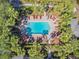 Aerial view of a pool surrounded by lush landscaping, lounge chairs, and paver walkways at 2171 Portofino Place # 27-2725, Palm Harbor, FL 34682
