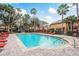 Inviting community pool with ample lounge seating surrounded by lush landscaping and palm trees at 2171 Portofino Place # 27-2725, Palm Harbor, FL 34682