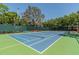 This outdoor tennis court is surrounded by lush trees and has netting at 2171 Portofino Place # 27-2725, Palm Harbor, FL 34682