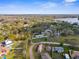 The lush landscape of a lakefront community enhances this aerial view, featuring homes with pools at 21826 Pineywood Loop, Land O Lakes, FL 34639