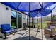 Enjoy outdoor relaxation on this screened lanai, with comfortable seating and serene backyard scenery at 34747 Telluride Ln, Zephyrhills, FL 33541