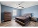 Comfortable bedroom featuring a ceiling fan, wood flooring, and blue walls at 1314 Oak Valley Dr, Seffner, FL 33584