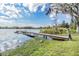 Picturesque view of a wooden dock on a lake, with a grassy shoreline and mature trees at 2050 W Bearss Ave, Tampa, FL 33618