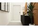 Inviting hallway featuring a modern cabinet, lamp, decorative books, and a tall potted plant, with a white door nearby at 8529 Bella Mar Trl, Parrish, FL 34219