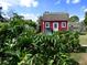 Quaint red outbuilding surrounded by lush greenery, perfect for storage or a workshop at 1101 King Arthur Ct, Valrico, FL 33594