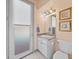 Bathroom features a vanity with a framed mirror and nearby toilet at 12333 Woodlands Cir, Dade City, FL 33525