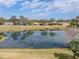 Scenic view of a tranquil pond reflecting the clear blue sky and surrounding neighborhood homes at 12333 Woodlands Cir, Dade City, FL 33525