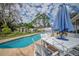 Inviting backyard oasis with a sparkling pool, spa, lush landscaping, and ample seating for outdoor entertaining at 2086 Whitney N Pl, Clearwater, FL 33760