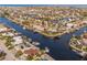 Panoramic aerial view of waterfront neighborhood, houses with pools, docks, and boat access at 3939 Rudder Way, New Port Richey, FL 34652