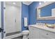 Modern blue bathroom with a glass shower, white vanity, and updated fixtures at 1002 S Frankland Rd, Tampa, FL 33629