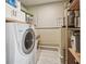 Functional laundry room with washer, dryer, storage cabinets, and neatly organized supplies at 3907 Elkcam Se Blvd, St Petersburg, FL 33705