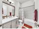 Modern bathroom with a white vanity, framed mirror, bathtub with shower, and stylish decor at 5317 Del Coronado Dr, Apollo Beach, FL 33572