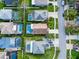 Aerial perspective of neighborhood homes featuring pools and well-maintained landscaping along a winding street at 1609 Shady Oaks Dr, Oldsmar, FL 34677