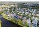 An expansive aerial view capturing a residential area bordered by lush greenery and a tranquil body of water at 1609 Shady Oaks Dr, Oldsmar, FL 34677