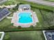 Aerial view of the community pool with lounge chairs and palm trees at 3822 Salida Delsol Dr, Sun City Center, FL 33573