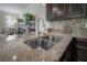 Kitchen island detail with a stainless steel sink, granite counters, and dark wood cabinets at 1002 Vineyard Ln, Oldsmar, FL 34677