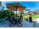 Outdoor patio with a table, chairs, umbrella, and well-maintained landscaping at 129 W Cypress Ct, Oldsmar, FL 34677