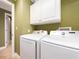 Clean laundry room featuring modern appliances, white cabinets, and neutral wall color at 1590 Gulf Blvd # 501, Clearwater Beach, FL 33767