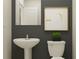 Bathroom featuring a pedestal sink, toilet, and a gray accent wall with modern art, perfect for a powder room at 3635 Forest Path Dr, Plant City, FL 33565