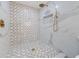 Custom shower with unique tiling, gold fixtures, and niche shelving at 5011 S Elberon St, Tampa, FL 33611