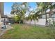 The large backyard has grass, palm trees, a white fence, and an enclosed back porch at 6104 Dory Way, Tampa, FL 33615