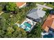 Stunning aerial view of the backyard oasis with pool, spa, and lush tropical landscaping at 140 Miramar Ne Blvd, St Petersburg, FL 33704