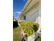 Exterior view of a white stucco home with vibrant green bushes against the backdrop of a blue sky at 3745 100Th N Pl # 3745, Pinellas Park, FL 33782