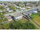 This aerial view shows a cozy single-Gathering home with a fenced backyard and shed in a quiet neighborhood at 3934 Moog Rd, Holiday, FL 34691