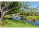 Scenic community pond with a fountain, surrounded by lush greenery and mature trees on a sunny day at 4502 Southampton Ct # 4502, Tampa, FL 33618