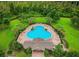 Aerial view of community pool, lounge chairs, umbrellas, and lush tropical landscaping at 13856 Royston Bnd, Hudson, FL 34669