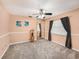 Carpeted bedroom with a ceiling fan, window with blinds, sliding mirror closet and a peach painted walls at 3482 Rolling Trl, Palm Harbor, FL 34684