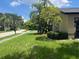 Well-maintained front lawn with lush green grass and mature trees, enhancing curb appeal at 4922 Lake Valencia W Blvd, Palm Harbor, FL 34684