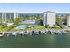 Aerial view of community with pool and boat slips at 660 Island Way # 401, Clearwater, FL 33767