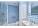 Blue bathroom featuring a walk-in shower, pedestal sink and vanity with a storage cabinet at 3605 Kings Rd # 102, Palm Harbor, FL 34685