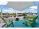 Relaxing waterfront patio with shaded seating and fire pit at 13822 Judy Ave, Hudson, FL 34667