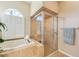 Bathroom with shower and garden tub, featuring a large window at 7302 Melogold Cir, Land O Lakes, FL 34637