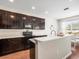 Modern kitchen with dark cabinetry, granite countertops, and stainless steel appliances at 14143 Wake Robin Dr, Brooksville, FL 34604