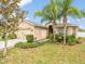 House exterior featuring a palm tree and well-manicured lawn at 18732 Dobson Dr, Hudson, FL 34667