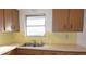 Kitchen with wood cabinets, double sink, and yellow tile backsplash at 7714 Jasmine Blvd, Port Richey, FL 34668